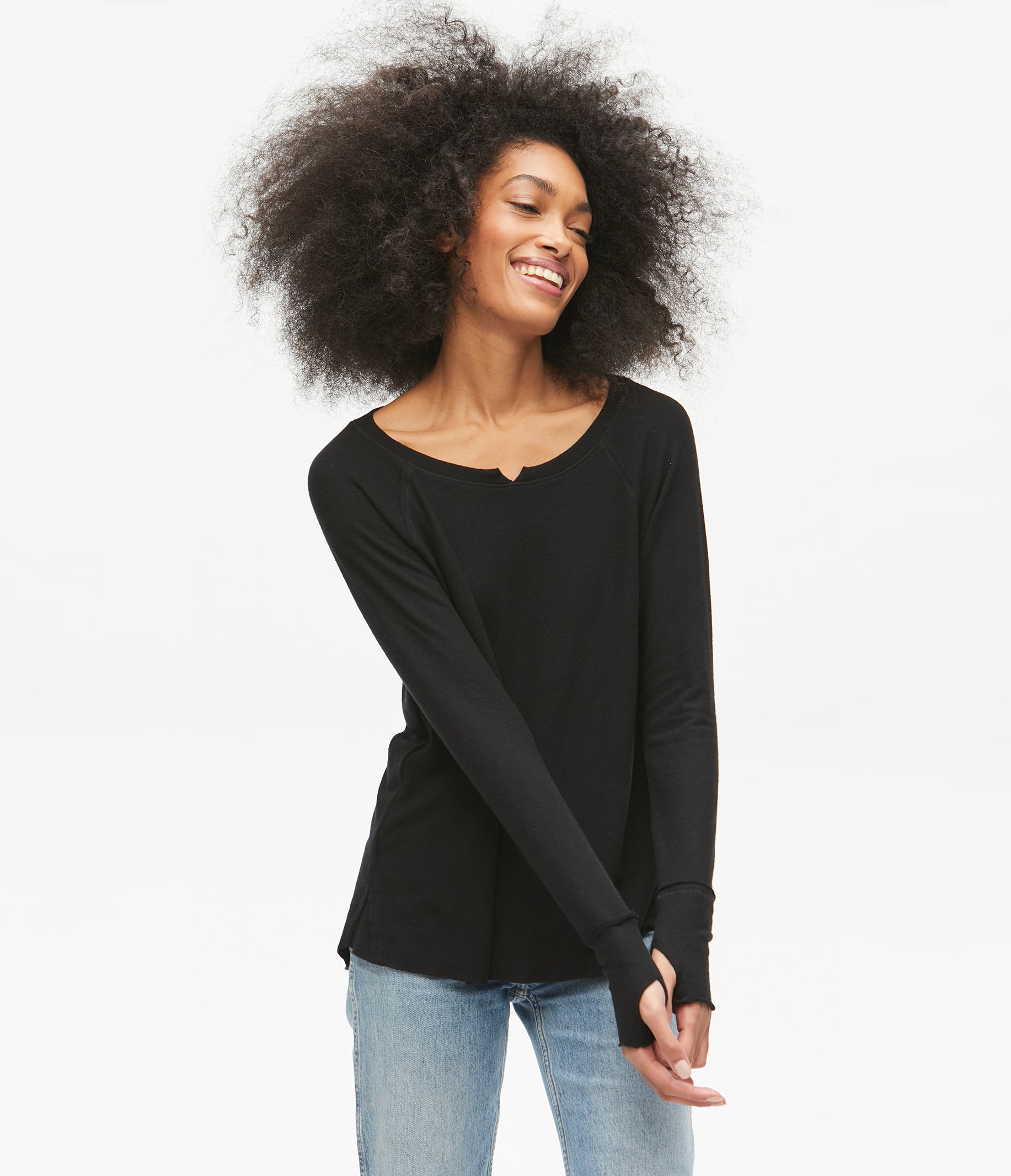 Black Notched Neck Long Sleeve Top